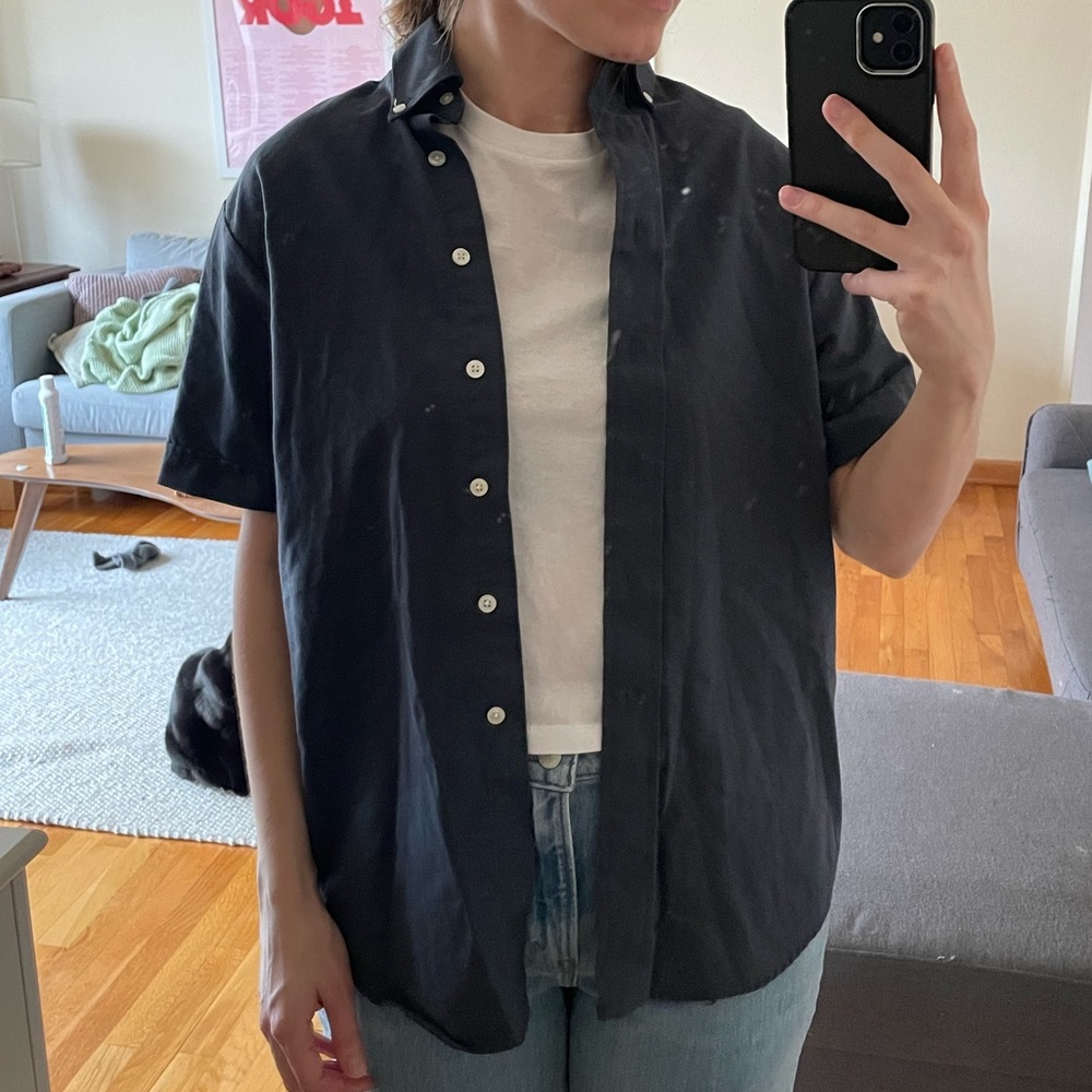 Blue button up top